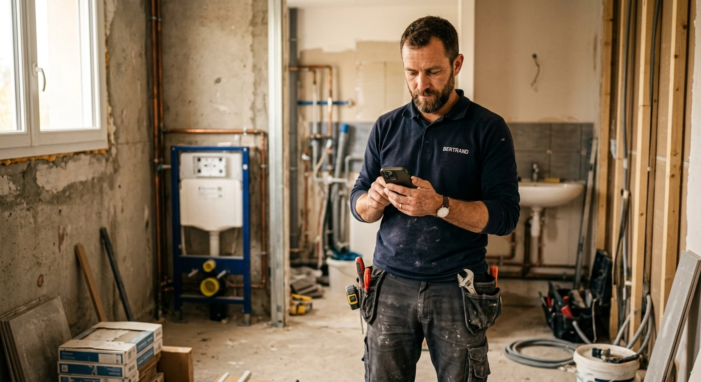 Artisan sur chantier consultant son smartphone pour gérer ses prospects grâce à un agent IA