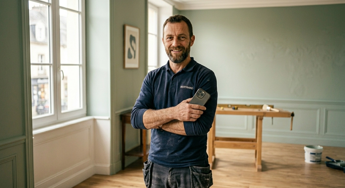 Artisan fier devant une rénovation terminée, tenant son smartphone