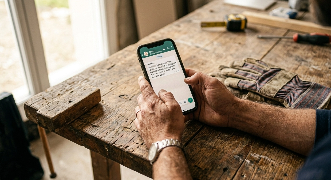 Artisan tenant son smartphone avec une conversation WhatsApp professionnelle avec un prospect