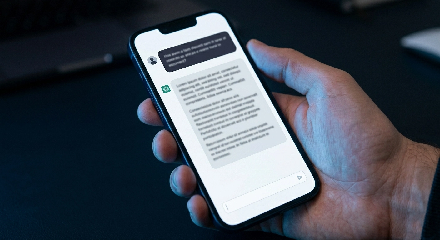 Main tenant un smartphone affichant une conversation avec une IA générative