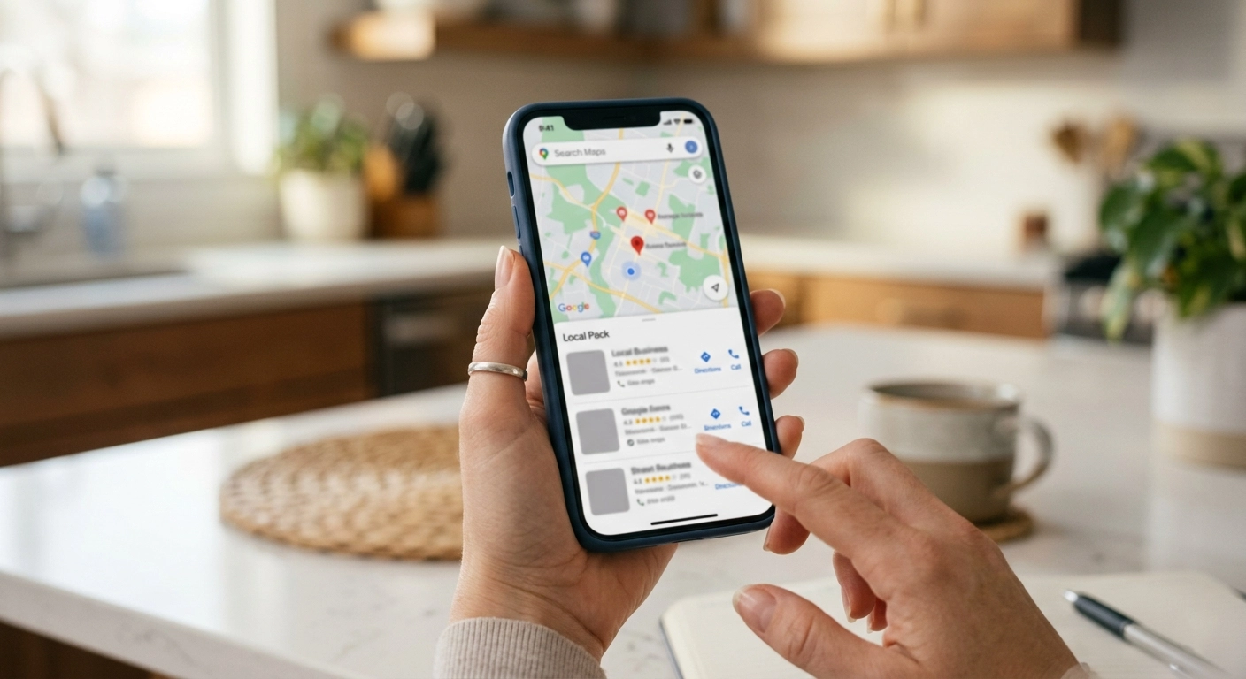 Résultats du Local Pack Google sur smartphone avec 3 entreprises locales affichées