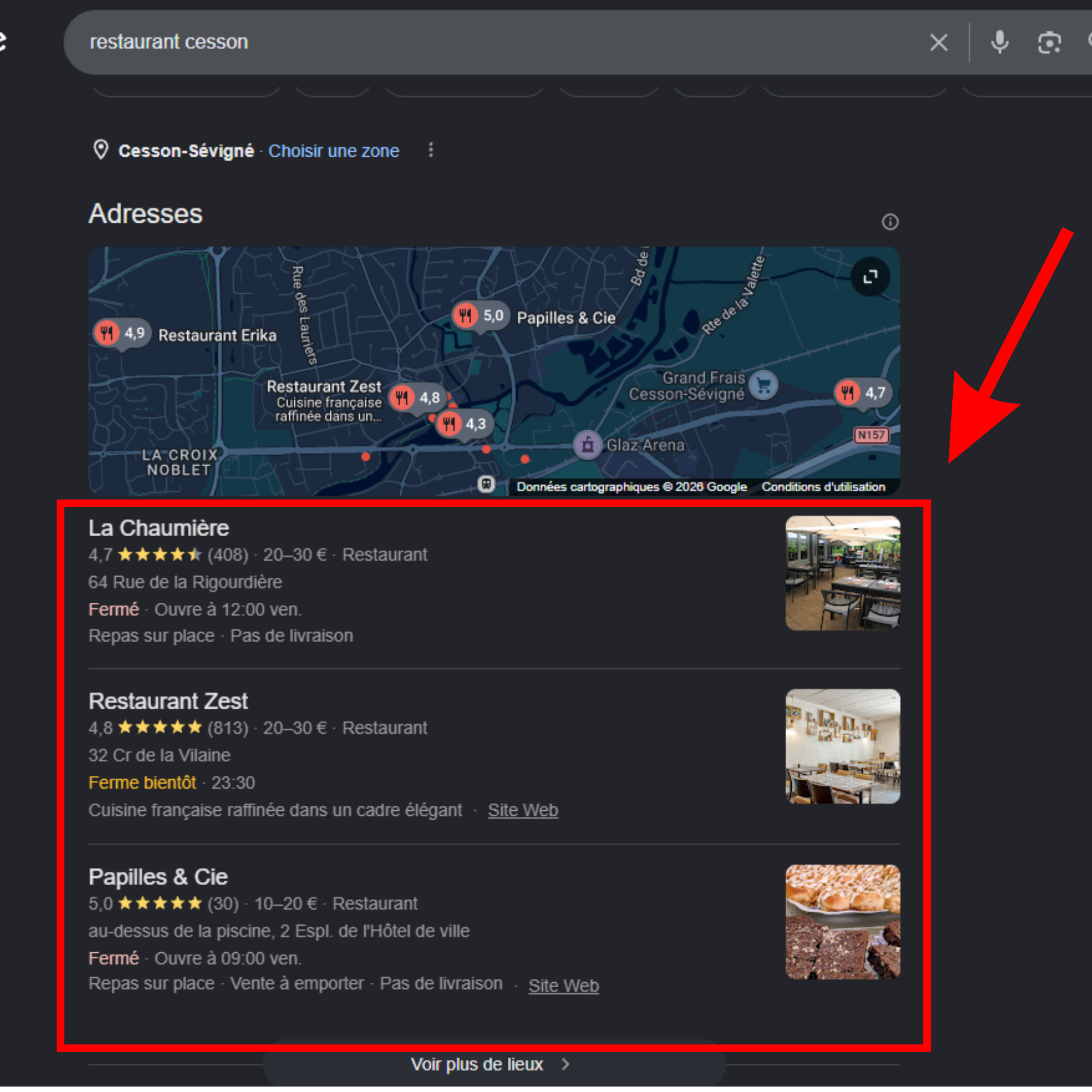 Exemple du Local Pack Google avec 3 résultats locaux
