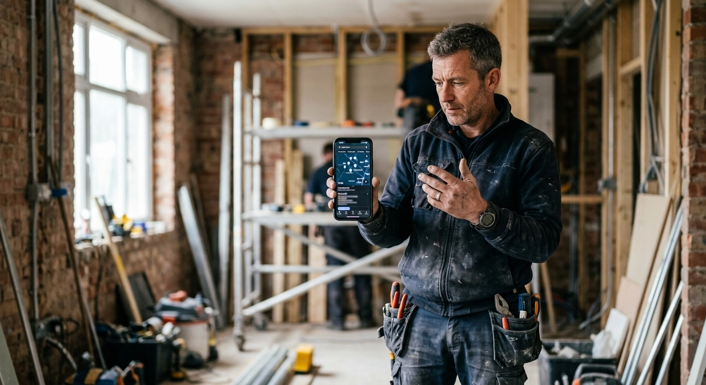 Artisan consultant Google Maps sur son smartphone pour vérifier sa visibilité locale
