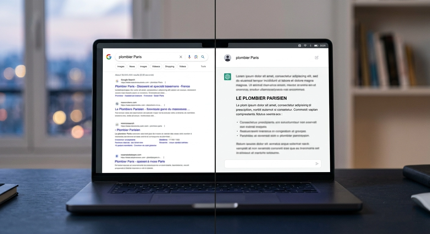 Comparaison entre un résultat Google classique et une réponse générée par une IA